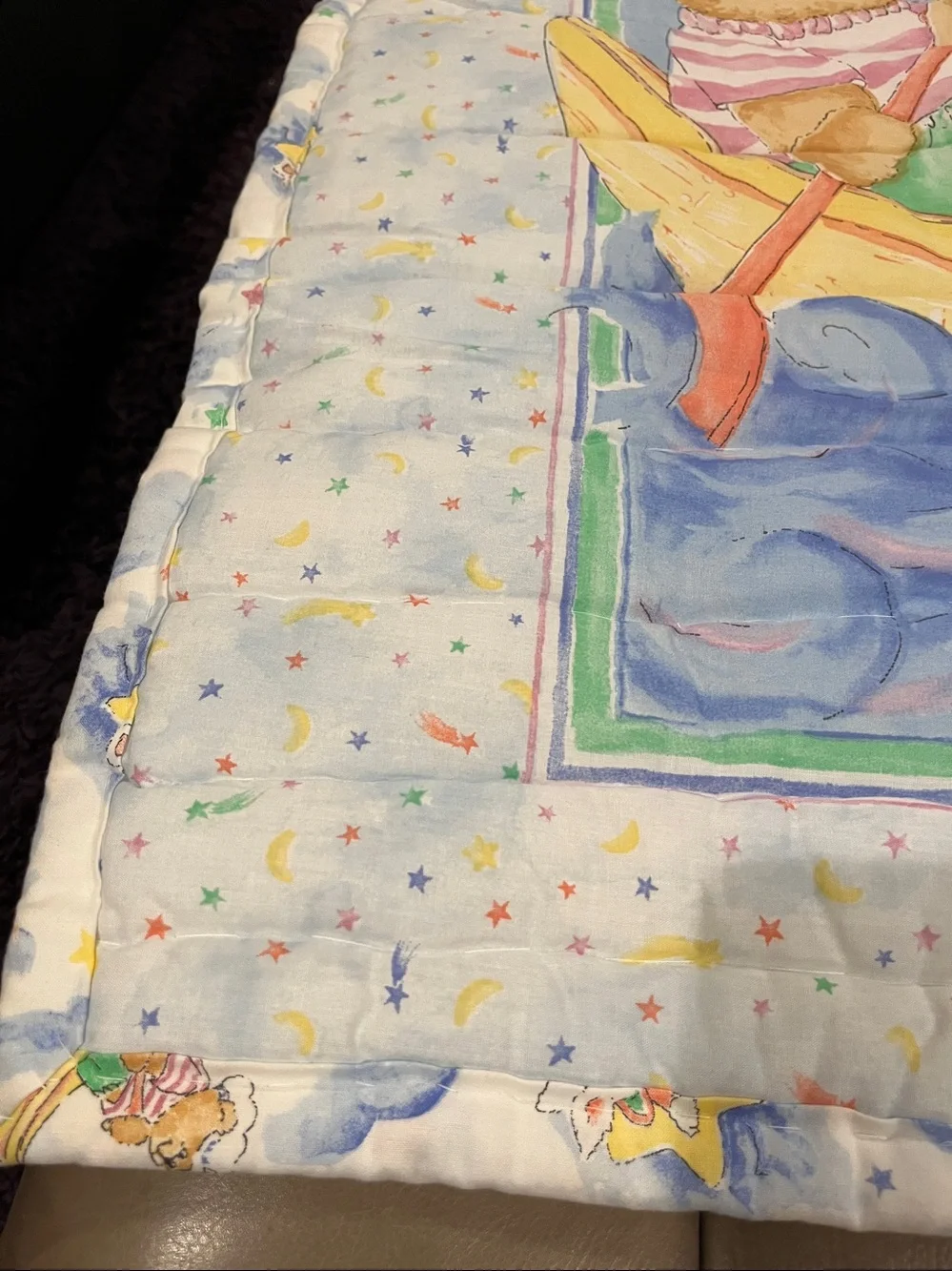 Cute Nursery Quilt with Bear & Bunny Boat - Pastel Blue, Yellow, Pink